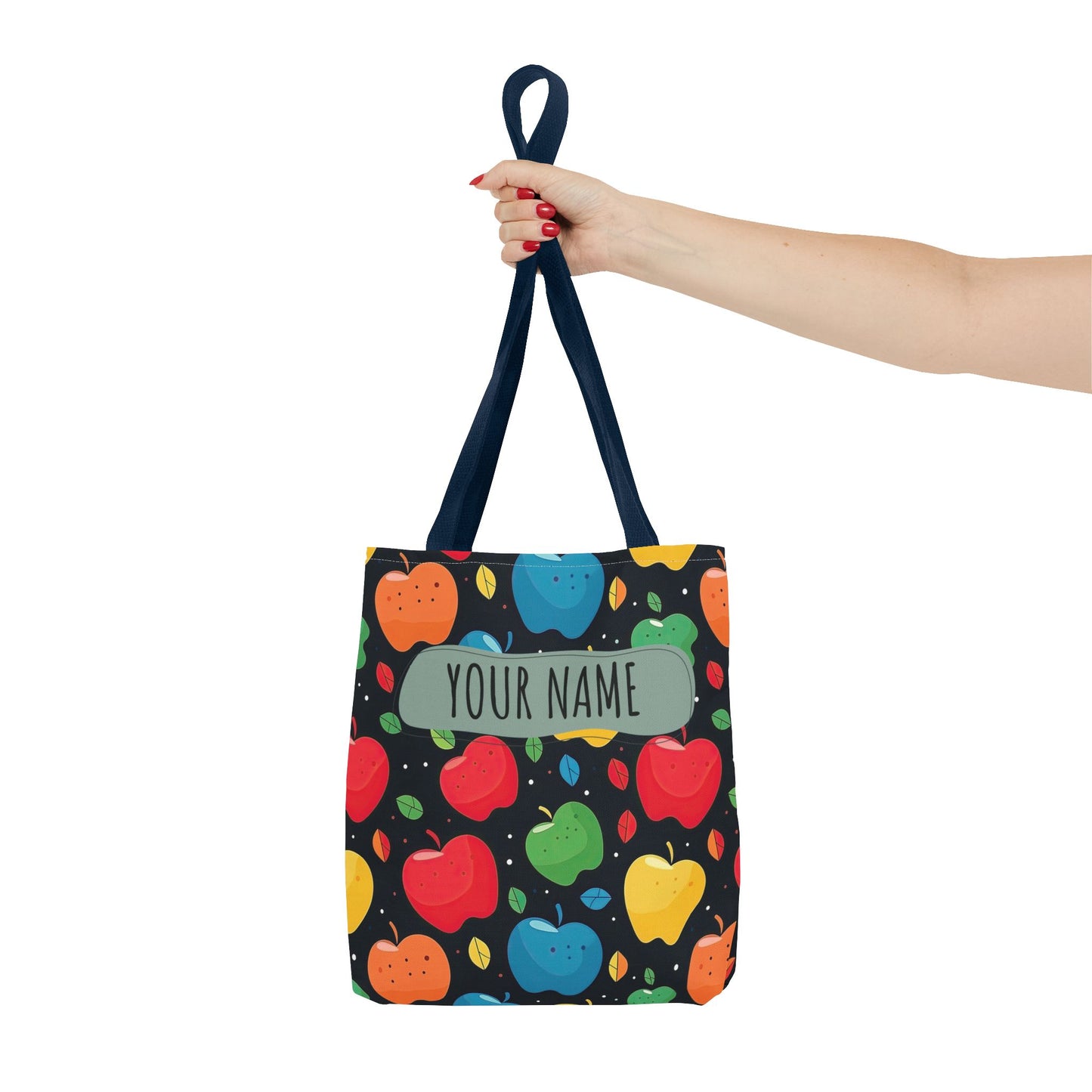 All-Over Apple Print Personalized Tote Bag — Durable Everyday Carry (3 Sizes, 5 Handle Colors)