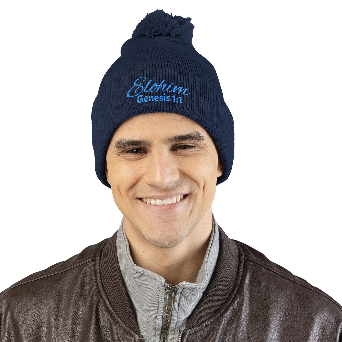 Pom-Pom Knit Cap with 'ELOHIM, GENESIS 1:1'  Embroidery Beanie - Stylish Winter Accessory for All Ages, Perfect Gift for Birthdays, Holidays, and Outdoor Activities