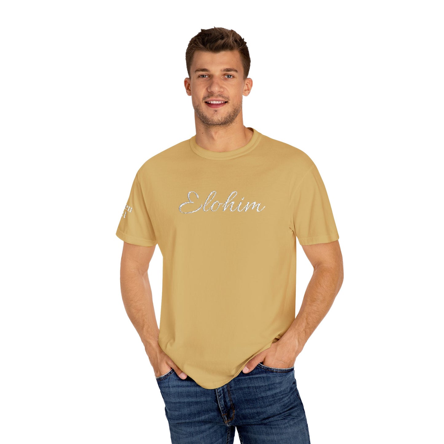 Embroidery 'ELOHIM, GENESIS 1:1' - Faith-Based Unisex Garment-Dyed Comfort Colors T-shirt, Faith Gift Tee, Religious Tee, Embroidery Tee.