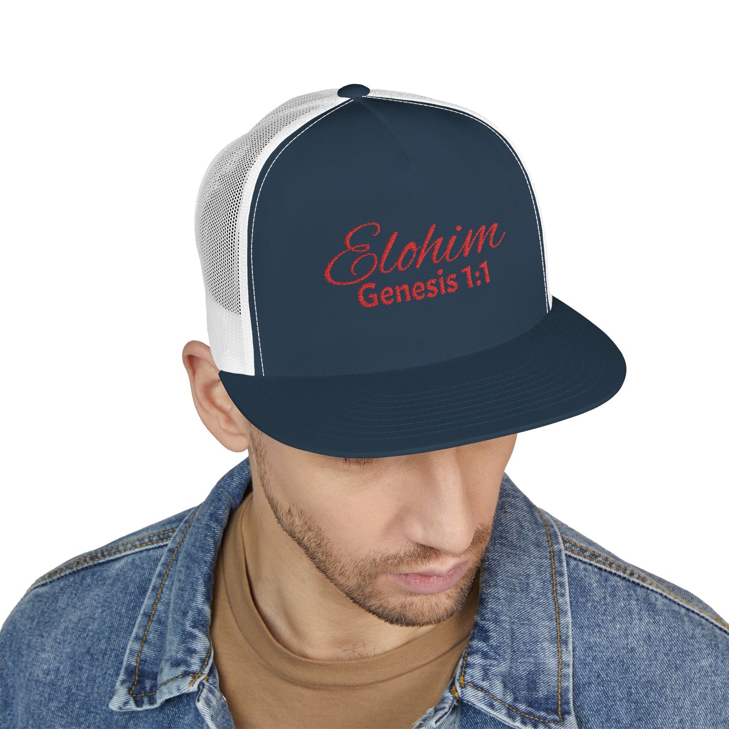 Red 'ELOHIM, GENESIS 1:1'  Embroidered 5 Panel Trucker Cap | Casual Style Hat, Adjustable, Unisex, Perfect Gift for Outdoors, Festivals, Daily Wear