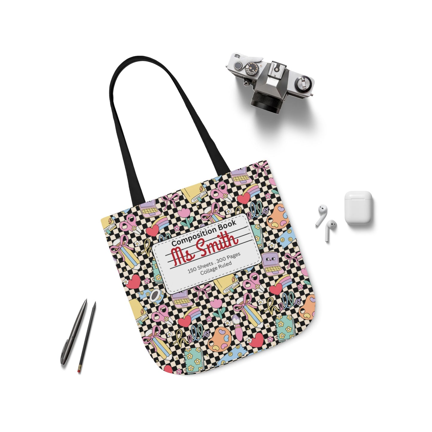 Personalized Black Doodle Daydream Composition Book Inspired Canvas Tote Bag with Colorful Straps, Cute School Bag, Eco-Friendly Tote, Back to School Shopping Bag, Teacher Gift Idea