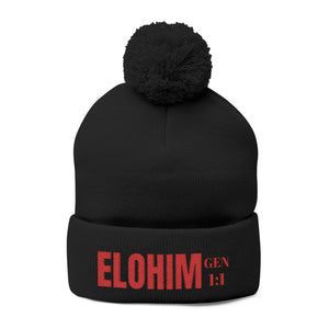 Red Pom-Pom Knit Cap with 'ELOHIM, GENESIS 1:1'  Embroidery Beanie - Stylish Winter Accessory for All Ages, Perfect Gift for Birthdays, Holidays, and Outdoor Activities
