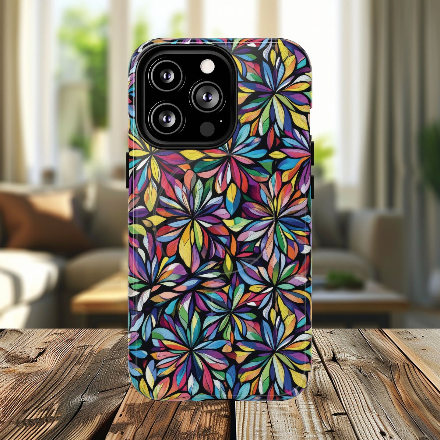Prism Petal Burst Tough Magnetic iPhone Case, Colorful iPhone Case, Unique Gift for Flower Lovers, Stylish stained Glass Accessory