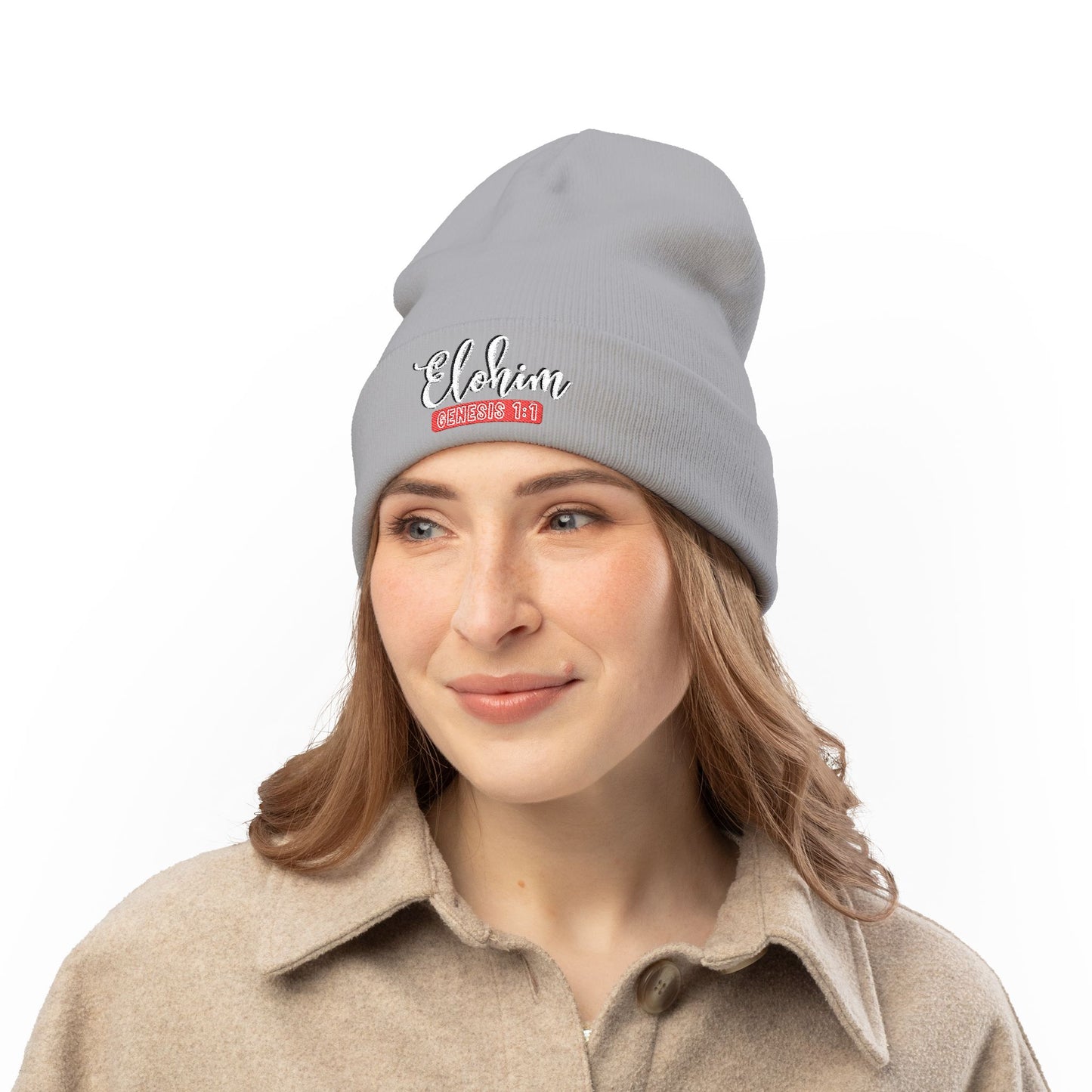Stylish Knit Beanie with 'ELOHIM, Genesis 1:1' Embroidery, Winter Accessory, Religious Gift, Cozy Beanie Cap, Faith-Inspired Fashion