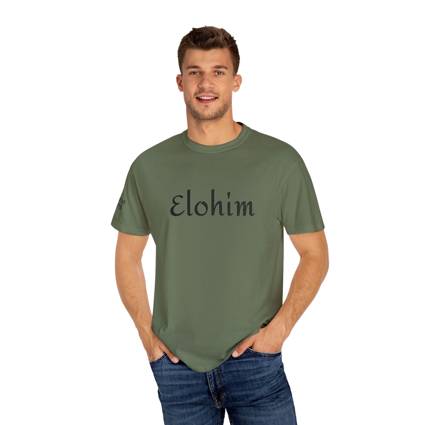 Embroidery 'ELOHIM, GENESIS 1:1' - Faith-Based Unisex Garment-Dyed Comfort Colors T-shirt, Faith Gift Tee, Religious Tee, Embroidery Tee.