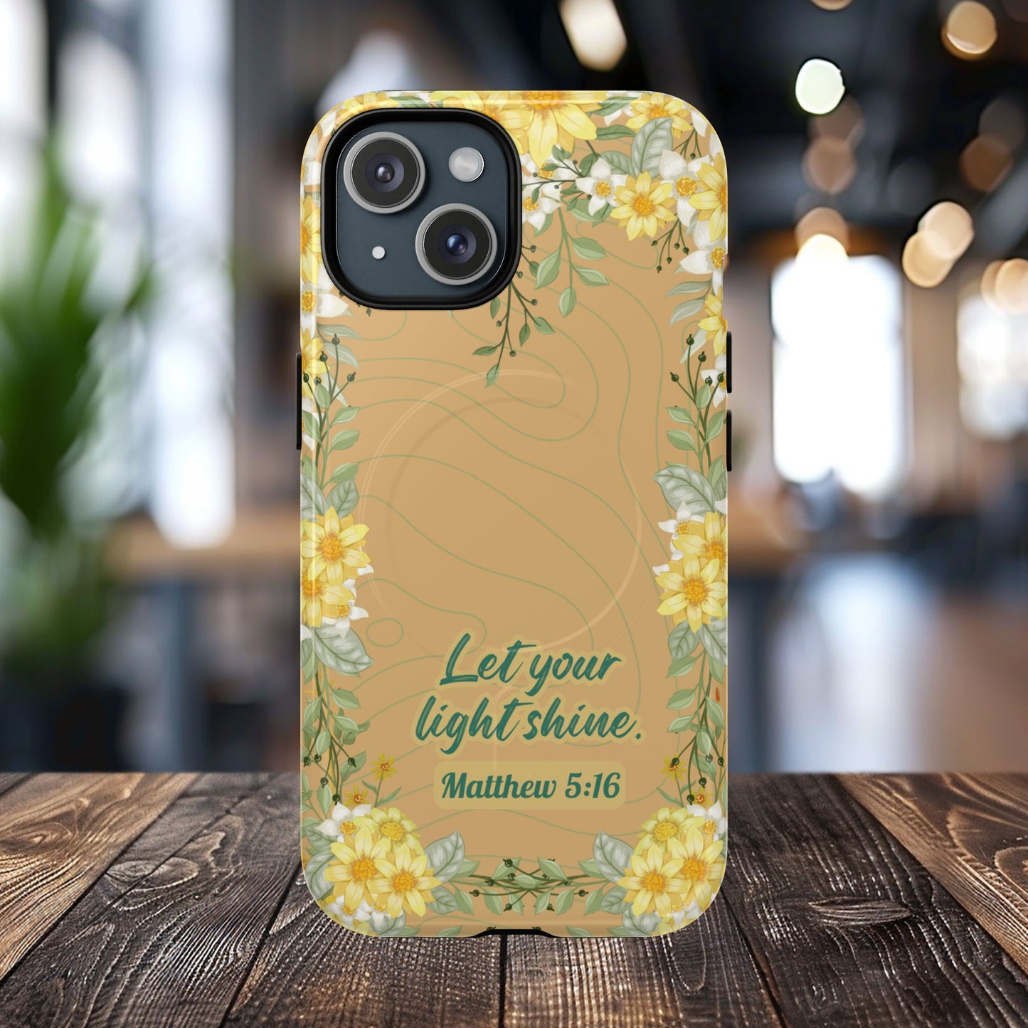Let your Light Shine Matthew 5:16, Inspirational Gift, Tough iPhone Magnetic Case Scripture, Floral Bible Verse, MagSafe® iPhone® Tough Case, iPhone 14, iPhone 15, iPhone 16, Pro, Pro Max, Plus.