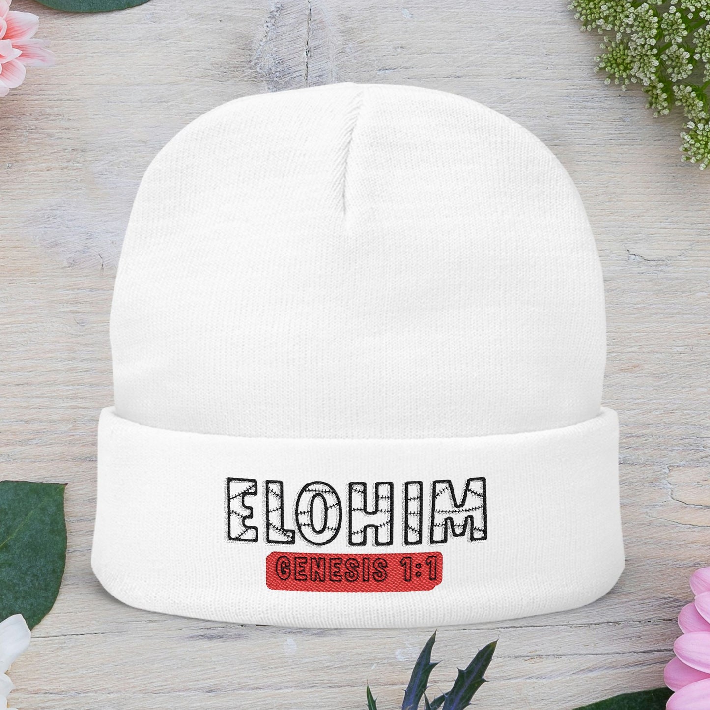Stylish Knit Beanie with 'ELOHIM, Genesis 1:1' Embroidery, Winter Accessory, Religious Gift, Cozy Beanie Cap, Faith-Inspired Fashion