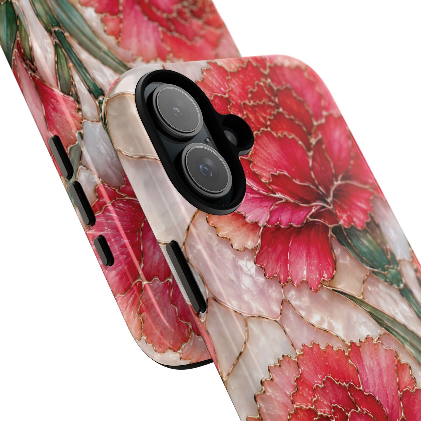 Stained Glass Effect Carnation Floral Tough Phone Case – Pink Vintage Botanical Protective Cover