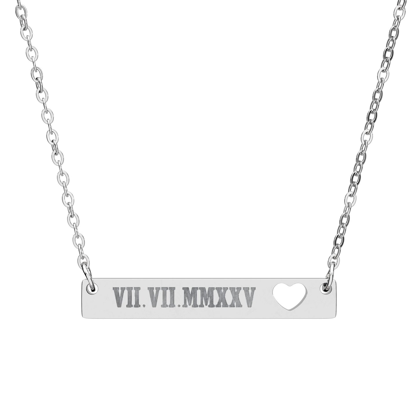 Engravable Cutout Heart Bar Necklace — Personalized Date Roman Numerals/Message/Name
