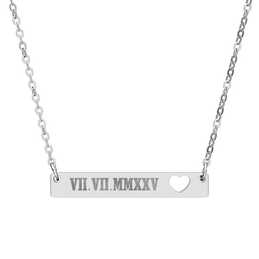 Engravable Cutout Heart Bar Necklace — Personalized Date Roman Numerals/Message/Name