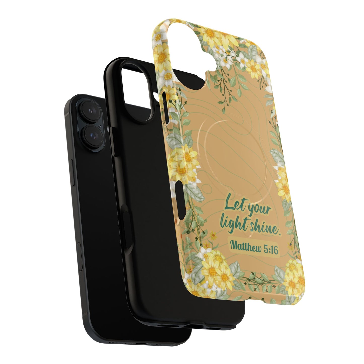 Let your Light Shine Matthew 5:16, Inspirational Gift, Tough iPhone Magnetic Case Scripture, Floral Bible Verse, MagSafe® iPhone® Tough Case, iPhone 14, iPhone 15, iPhone 16, Pro, Pro Max, Plus.