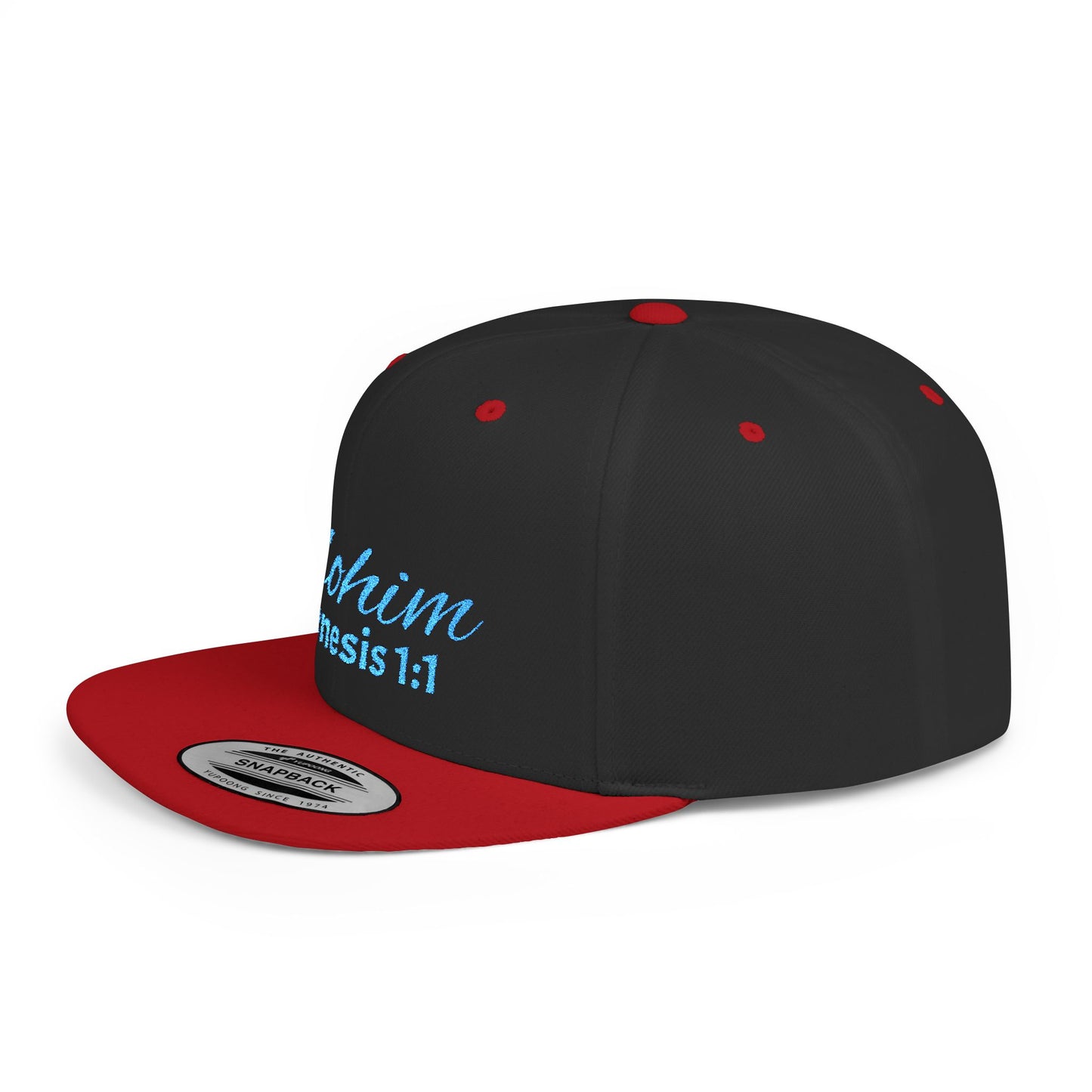 Teal Embroidery 'ELOHIM, GENESIS 1:1' Flat Bill Snapback Hat, Stylish Cap for Everyday Wear, Church Events, Gift for Him/Her, Streetwear Accessory, Casual Fashion