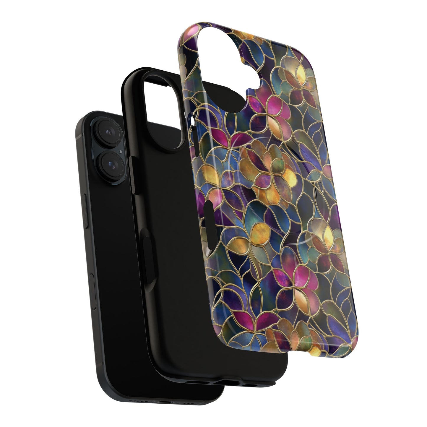 Chromatic Bloom Tough iPhone Magnetic Case, Tough iPhone Cover, Floral iPhone Accessory, Birthday Gift, Elegant Tech Decor, MagSafe Stained Glass Pattern.
