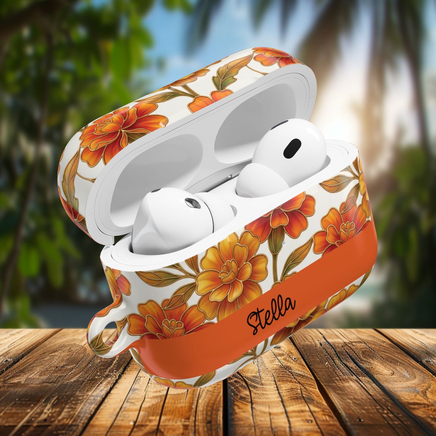 Stained Glass Effect Floral Orange Marigold AirPod Case — Personalized Name Option