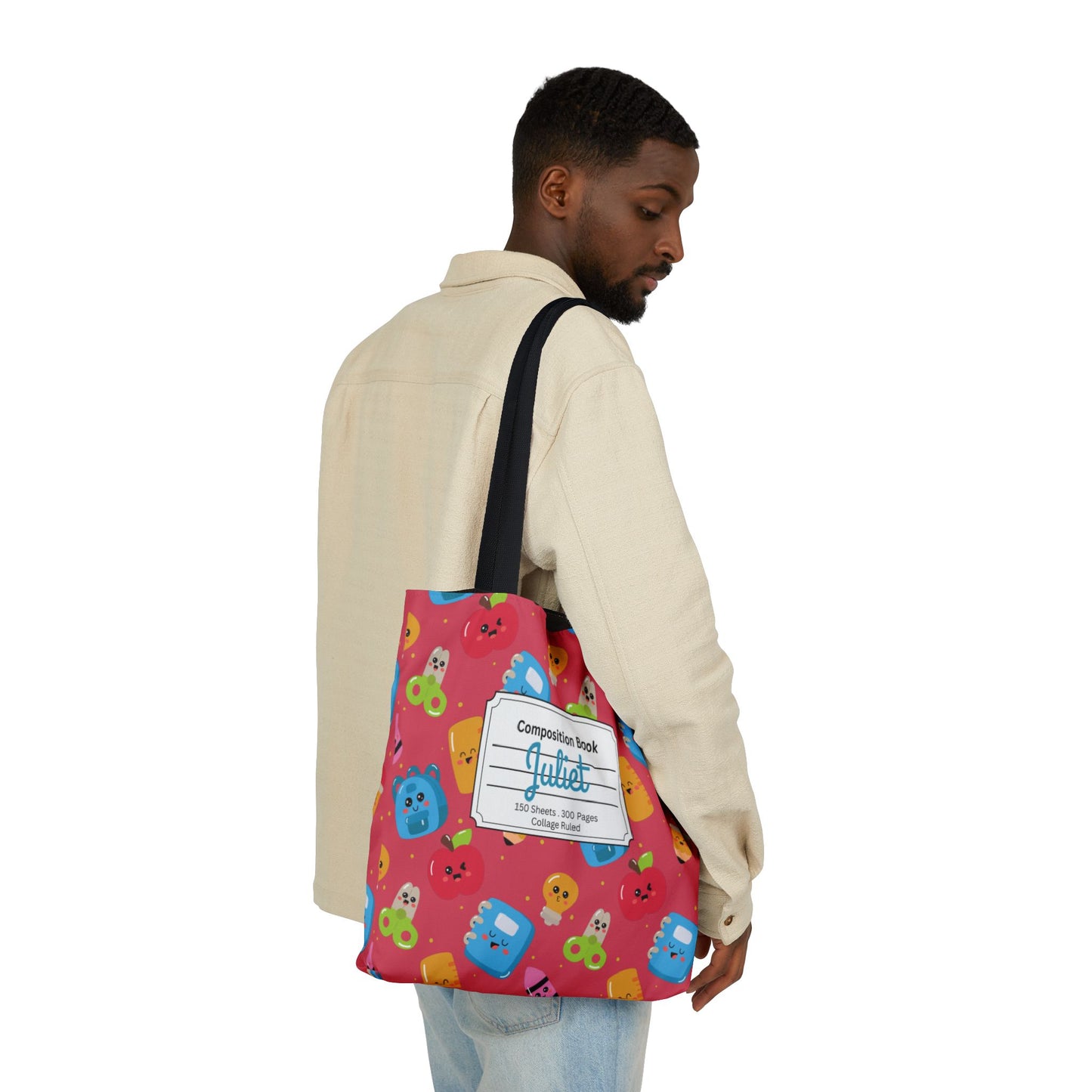 Personalized Kawaii Composition Book Inspired Canvas Tote Bag with Colorful Straps, Cute School Bag, Eco-Friendly Tote, Back to School Shopping Bag, Teacher Gift Idea