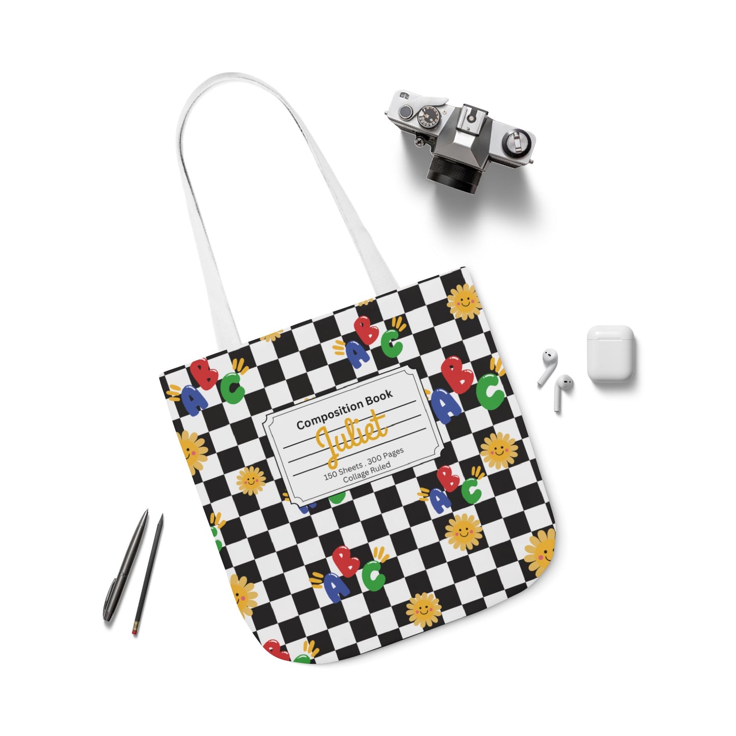 Personalized Schoolyard Chic Composition Book Inspired Canvas Tote Bag with Colorful Straps, Cute School Bag, Eco-Friendly Tote, Back to School Shopping Bag, Teacher Gift Idea