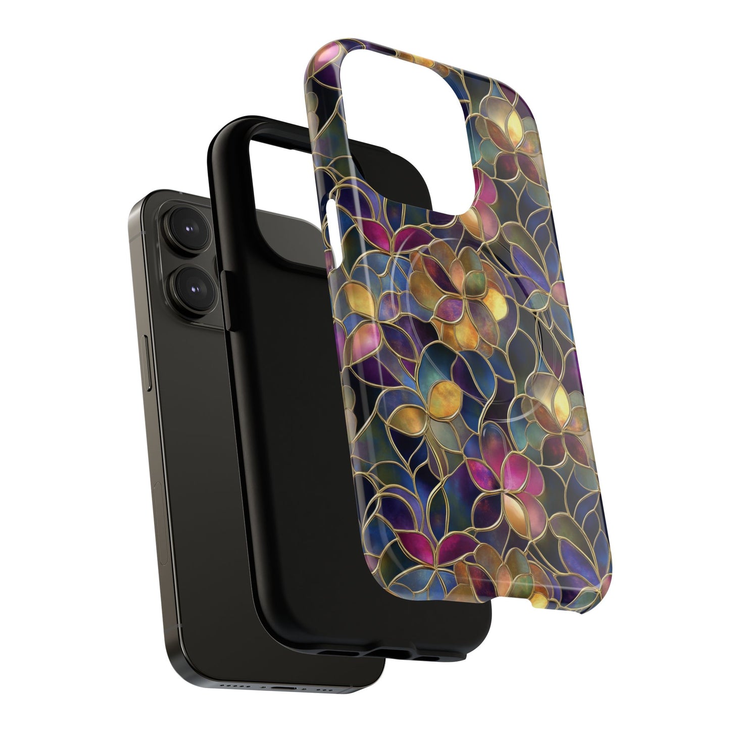 Chromatic Bloom Tough iPhone Magnetic Case, Tough iPhone Cover, Floral iPhone Accessory, Birthday Gift, Elegant Tech Decor, MagSafe Stained Glass Pattern.