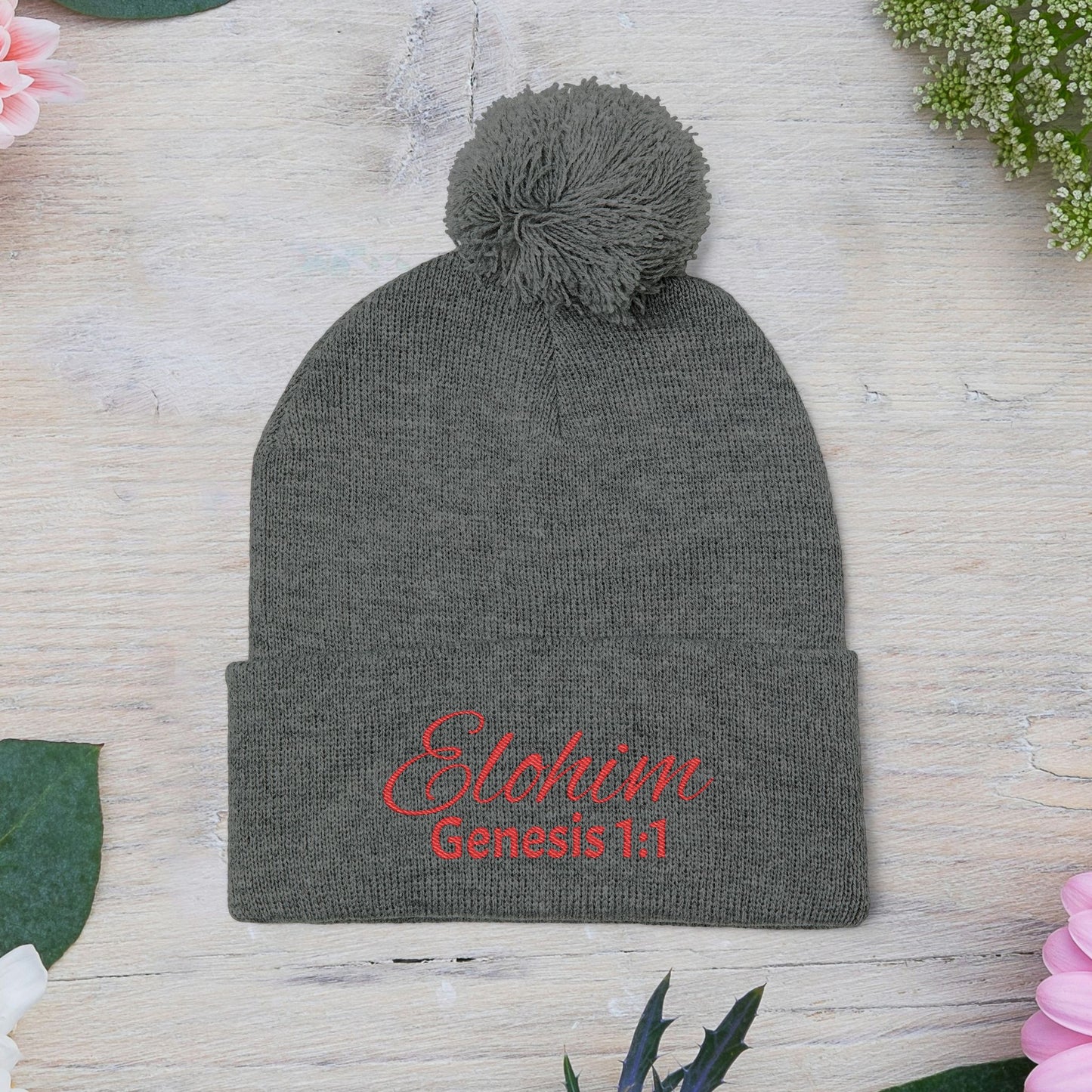Red Pom-Pom Knit Cap with 'ELOHIM, GENESIS 1:1'  Embroidery Beanie - Stylish Winter Accessory for All Ages, Perfect Gift for Birthdays, Holidays, and Outdoor Activities