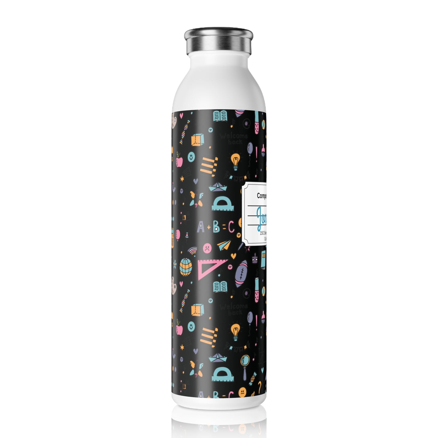 Personalized Chalkboard Chic Composition Book Inspired Slim Water Bottle, Customizable Drinkware, Eco-Friendly Hydration Bottle, Perfect for Gifts, School Supplies, Back to School
