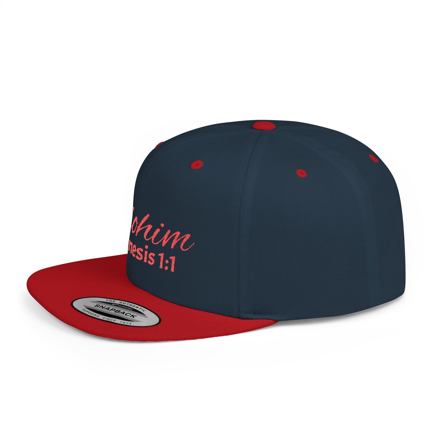 Red Embroidery 'ELOHIM, GENESIS 1:1' Flat Bill Snapback Hat, Stylish Cap for Everyday Wear, Church Events, Gift for Him/Her, Streetwear Accessory, Casual Fashion