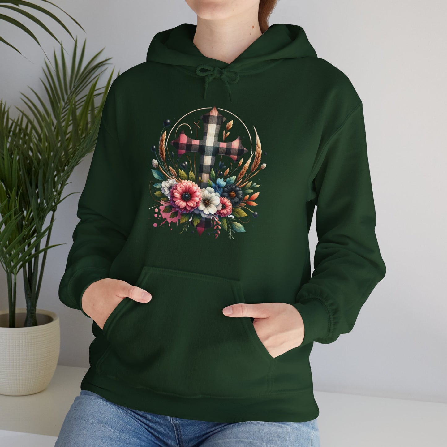 Faith and Floral Cross Unisex Heavy Blend™ Gildan Hooded Sweatshirt.