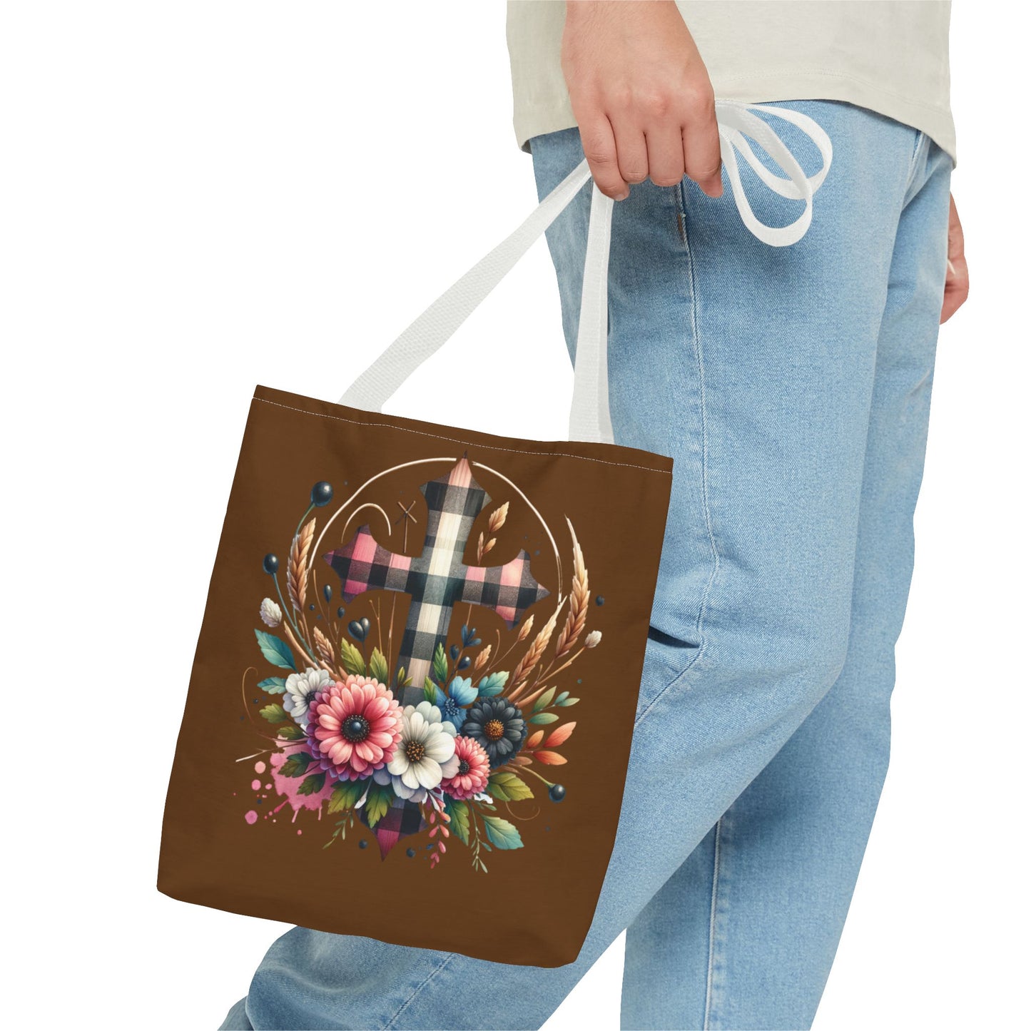 Faith and Floral Cross Heart Tote Bag