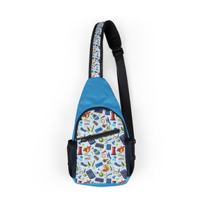 Blue Academic Fun and Functional Chest Bag for Everyday Adventures | Colorful Design with Playful Icons, Cross Body Sling Bag, Chest Bag, Crossbody Backpack, Travel Bag