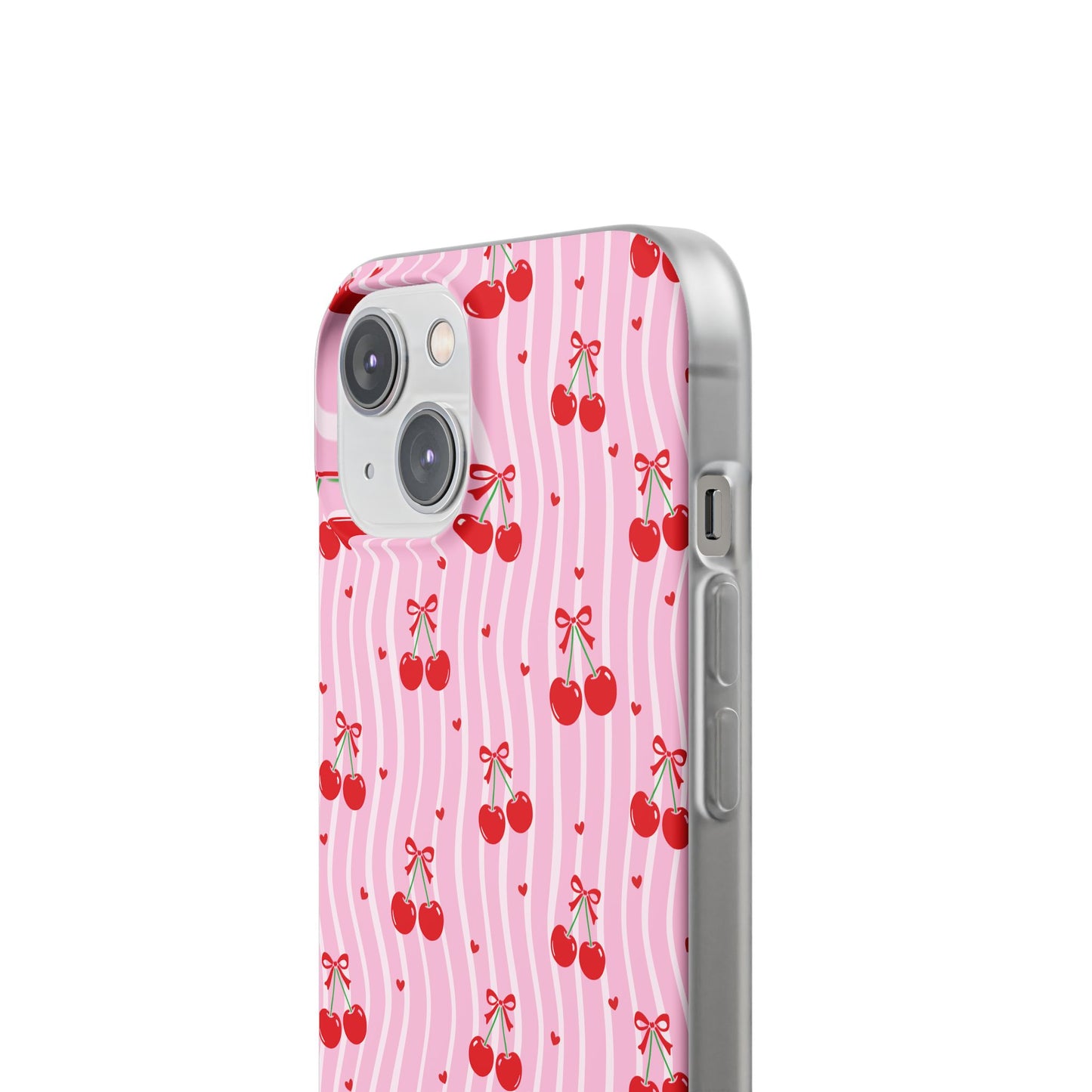 Personalized Cherry Blossom Dreams Flexi Case — Pink Retro Cherry iPhone® 7/8, 11, 12, 13, 14, 15, 16, 17, X/XS, SE, XR, Mini, Pro, Pro Max, Plus Cases.
