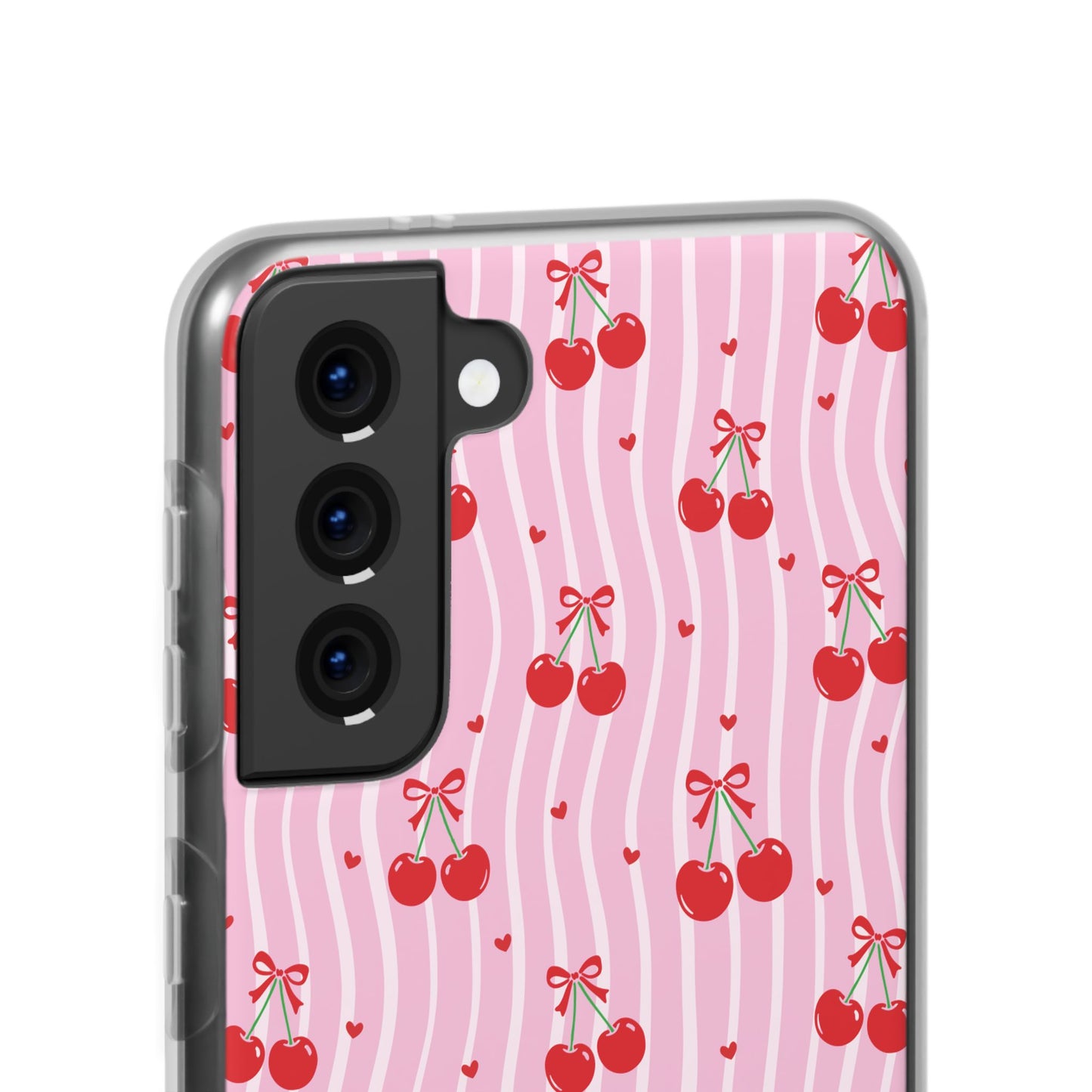Personalized Cherry Blossom Dreams Flexi Case — Pink Retro Cherry iPhone® 7/8, 11, 12, 13, 14, 15, 16, 17, X/XS, SE, XR, Mini, Pro, Pro Max, Plus Cases.