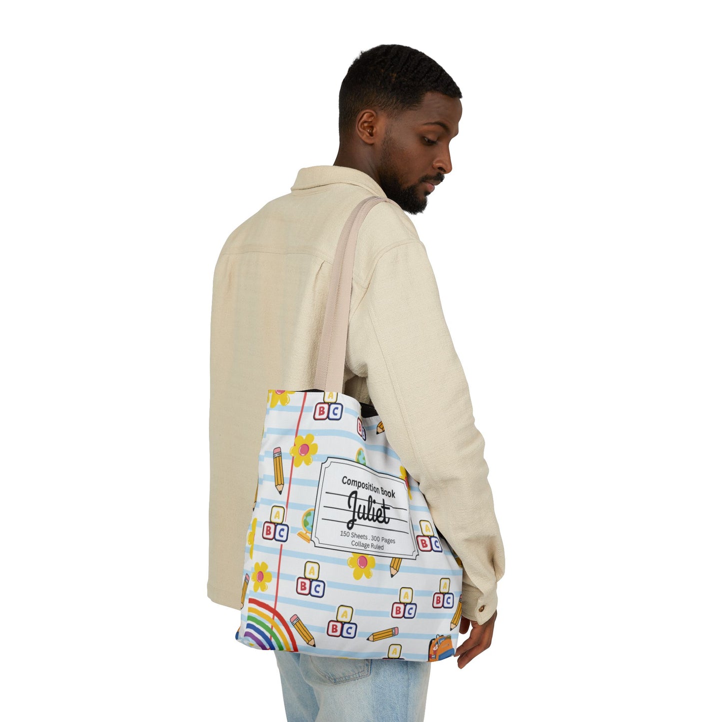 Personalized White Schoolyard Chic Composition Book Inspired Canvas Tote Bag with Colorful Straps, Cute School Bag, Eco-Friendly Tote, Back to School Shopping Bag, Teacher Gift Idea