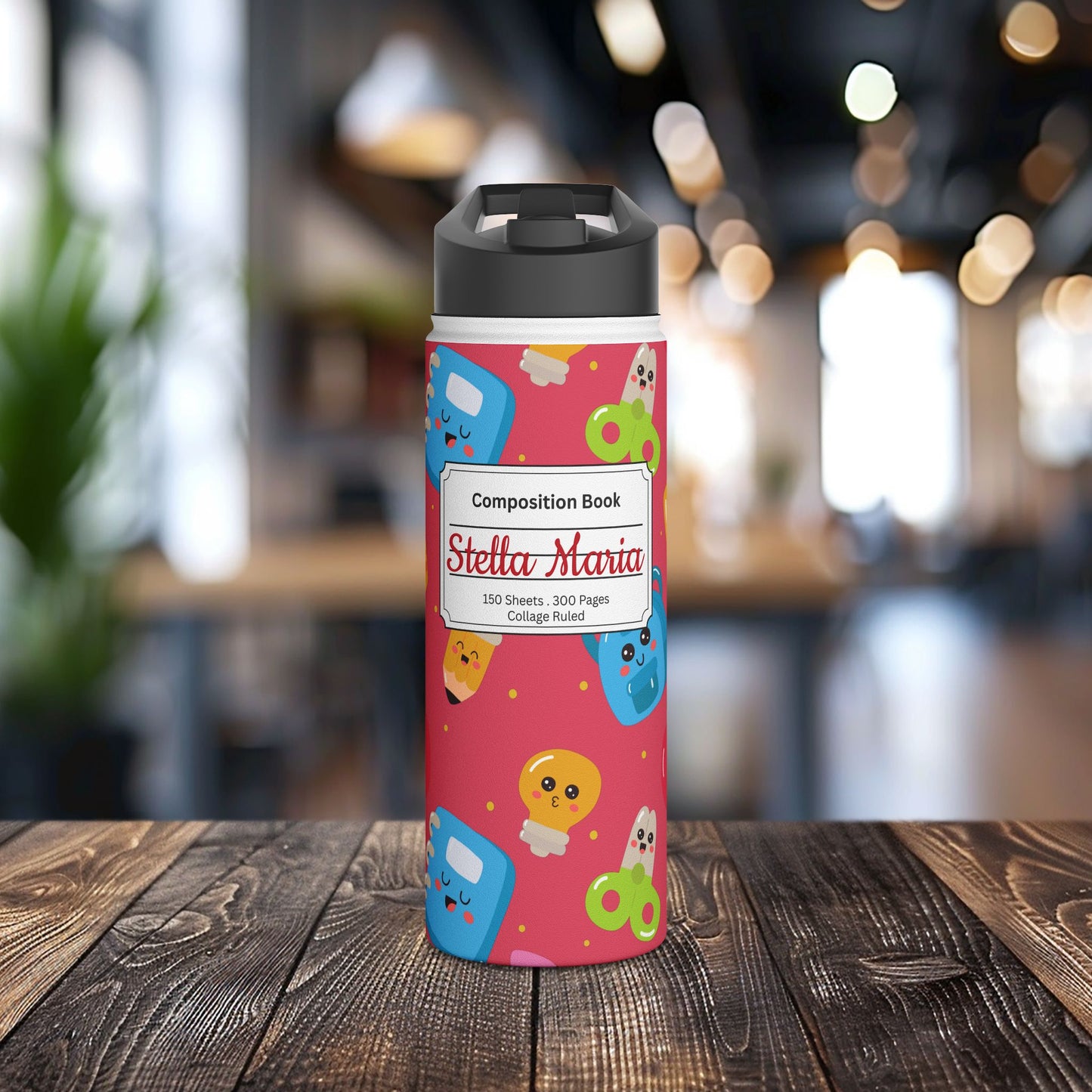 Personalized Kawaii Composition Book Inspired Stainless Steel Water Bottle for Kids, School Supplies, Eco-Friendly Drinkware, Back to School, Teacher Gifts