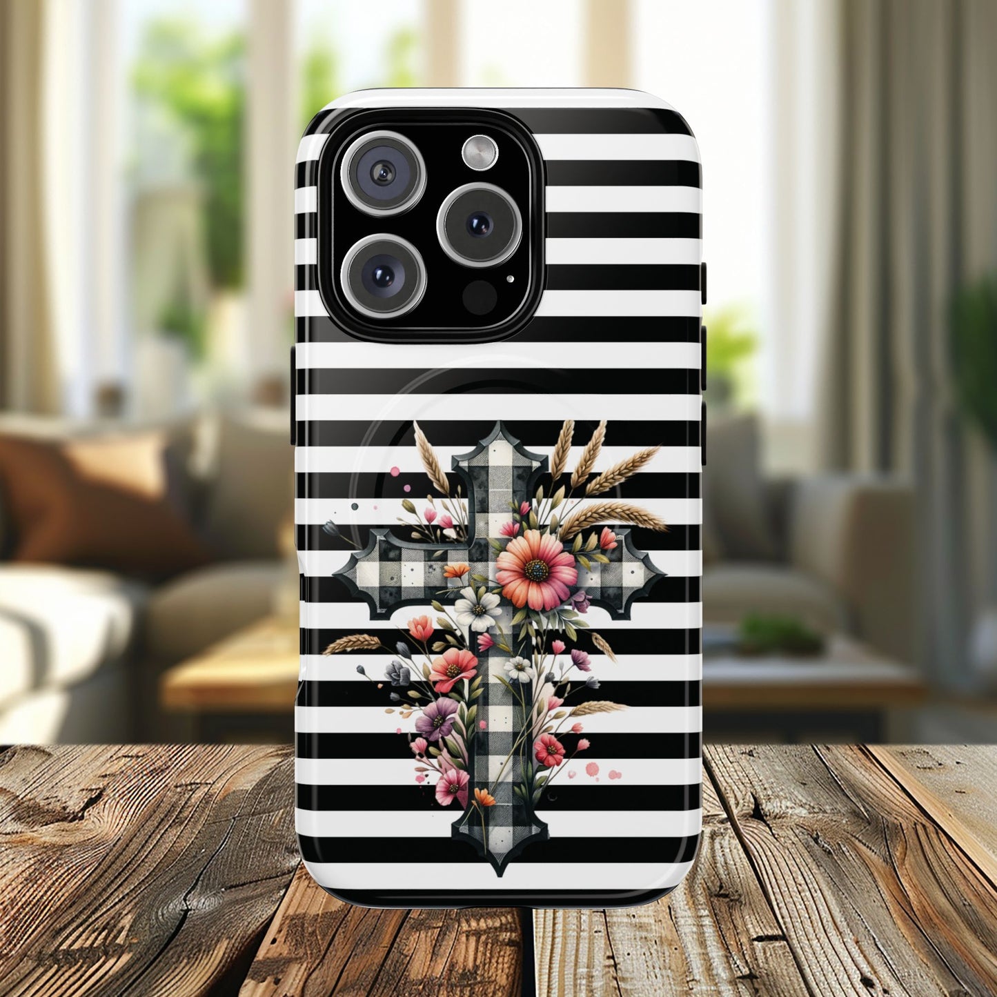 Grace in Bloom Tough Magnetic iPhone Case with Floral Cross Design, Boho iPhone Cover, Striped iPhone Case, Unique Religious Gift, Trendy Cell iPhone Accessory.