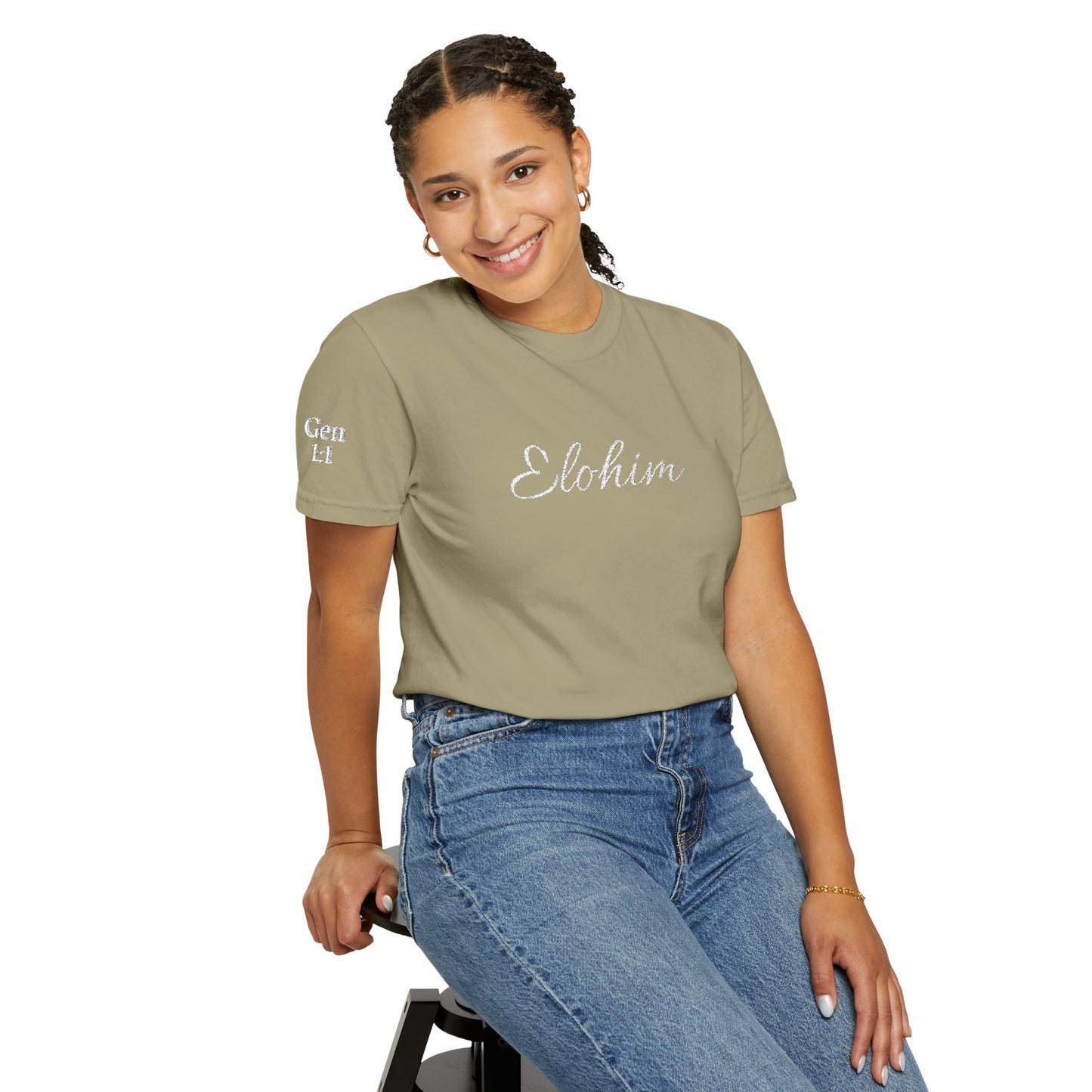 Embroidery 'ELOHIM, GENESIS 1:1' - Faith-Based Unisex Garment-Dyed Comfort Colors T-shirt, Faith Gift Tee, Religious Tee, Embroidery Tee.