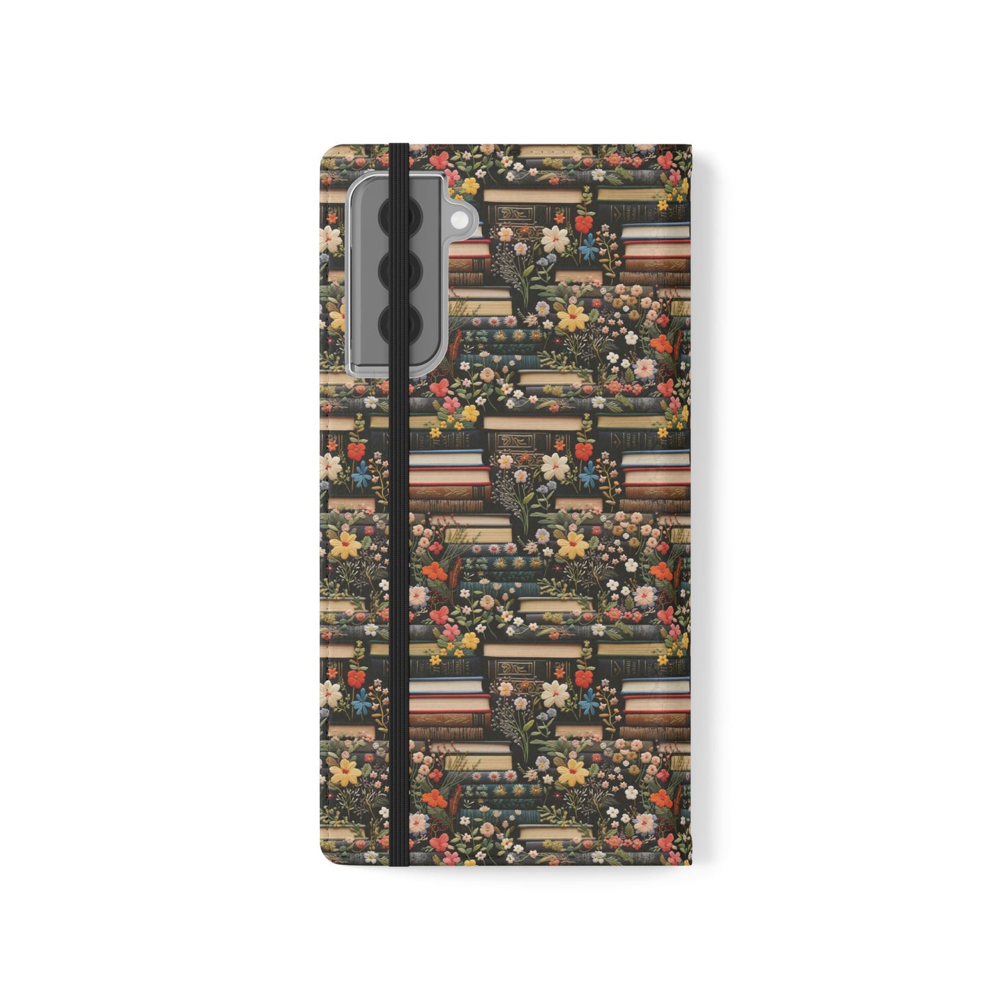 Book Stack Floral Flip iPhone and Samsung Phone Case — Vintage Library Wallet Cover.
