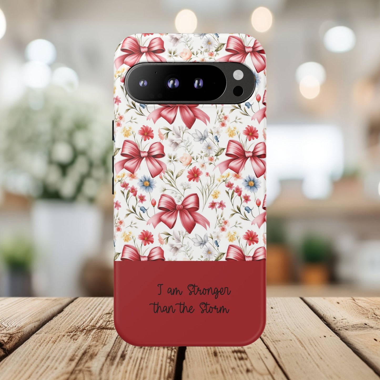 Personalized Rosette Coquette Phone Case - Custom Name/Message 'I Am Stronger Than The Storm' Floral Bow Protective Case
