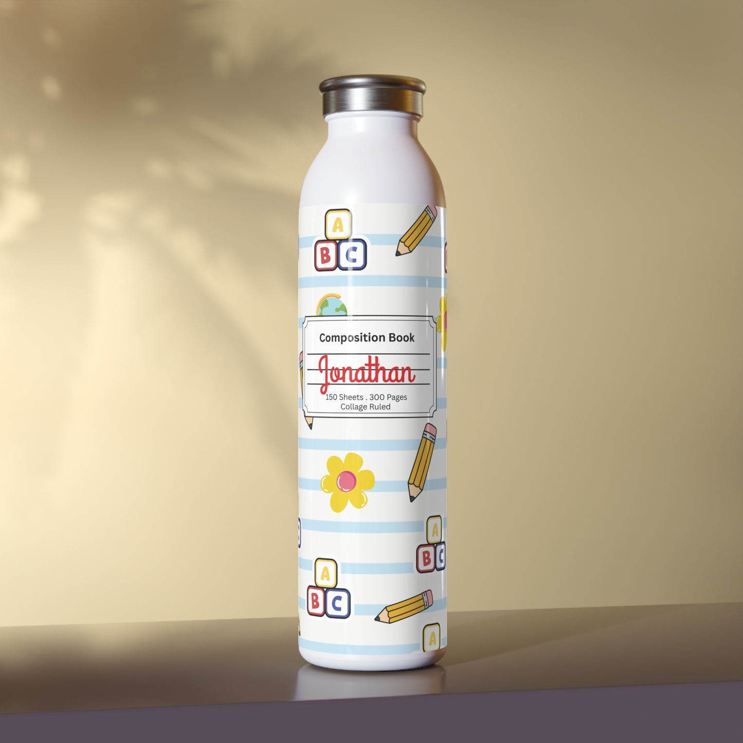 Personalized White SchoolYard Chic Composition Book Inspired Slim Water Bottle, Customizable Drinkware, Eco-Friendly Hydration Bottle, Perfect for Gifts, School Supplies, Back to School