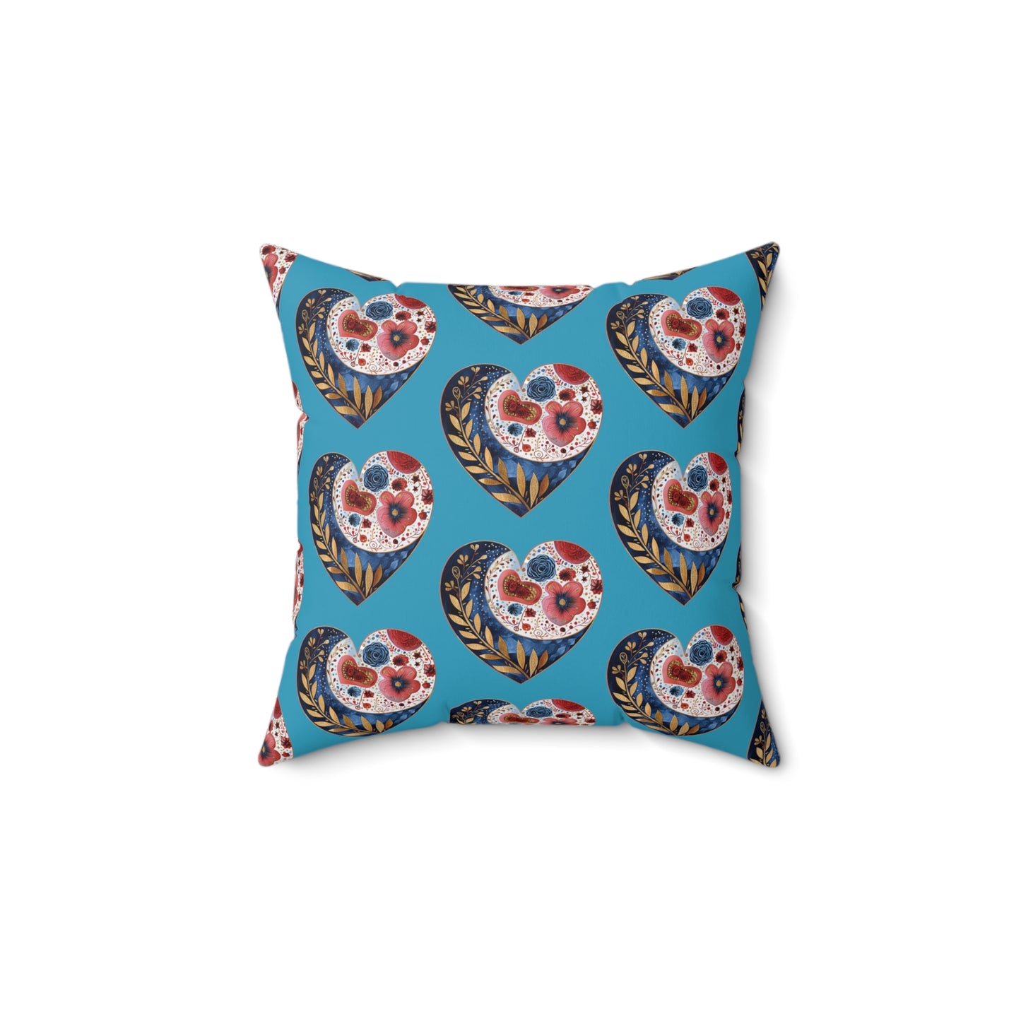 Turquoise Floral Heart Spun Polyester Square Pillow