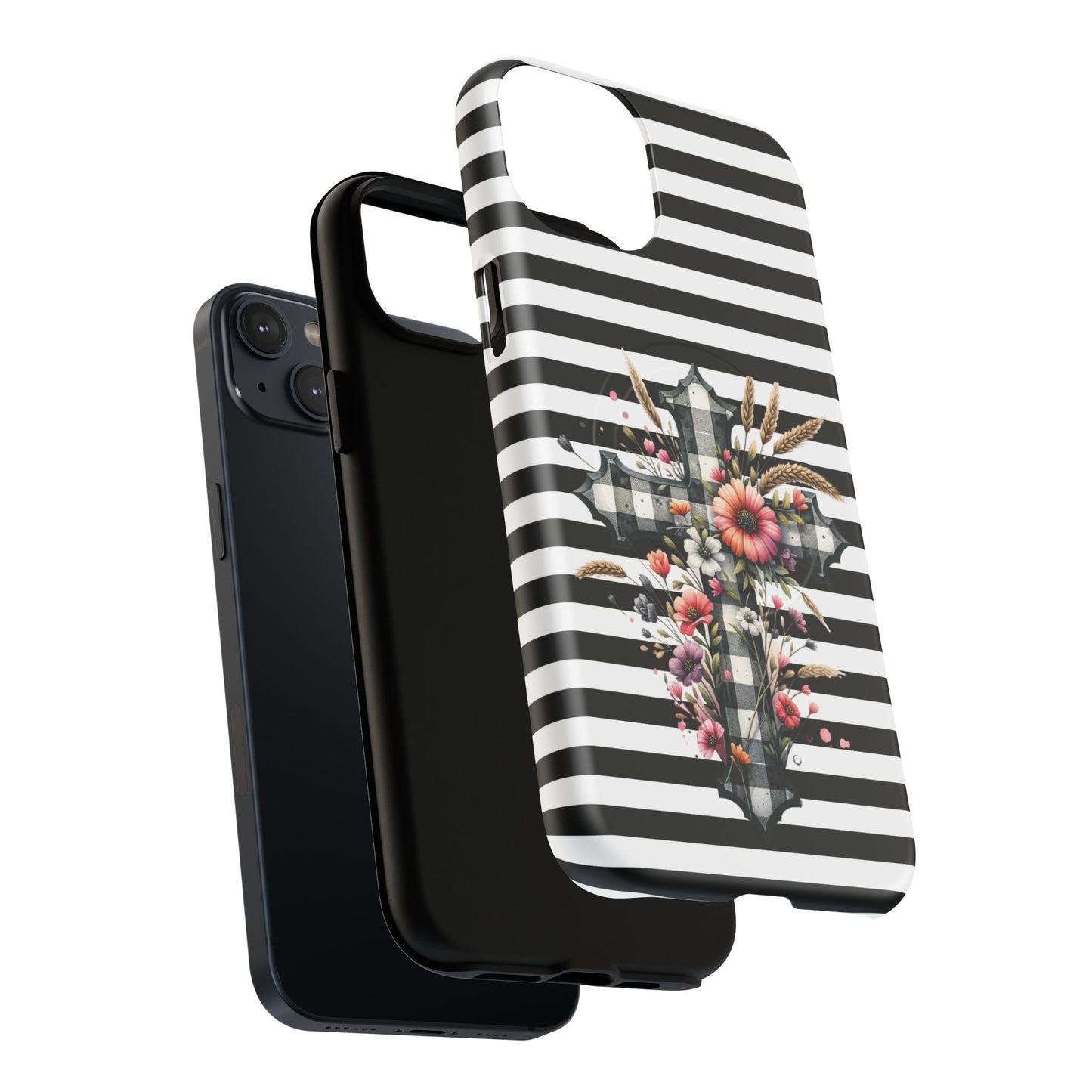 Grace in Bloom Tough Magnetic iPhone Case with Floral Cross Design, Boho iPhone Cover, Striped iPhone Case, Unique Religious Gift, Trendy Cell iPhone Accessory.