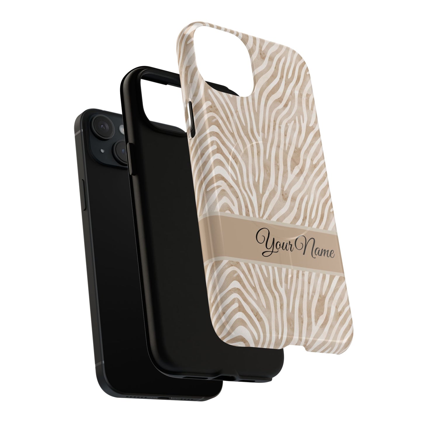 Personalized Zebra Animal Print Cover, Tough Magnetic MagSafe® iPhone® 13, 14, 15, 16, 17, Pro, Pro Max, Plus Cases (Custom Name).