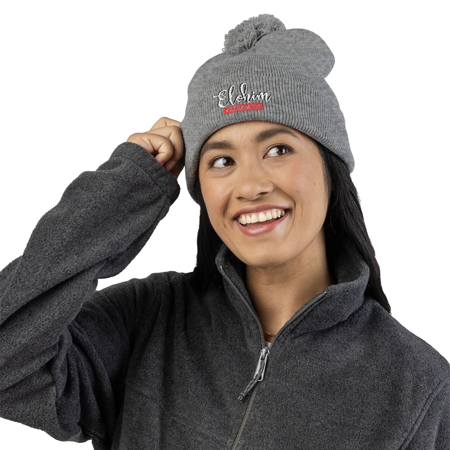 Pom-Pom Knit Cap with 'ELOHIM, GENESIS 1:1'  Embroidery Beanie - Stylish Winter Accessory for All Ages, Perfect Gift for Birthdays, Holidays, and Outdoor Activities