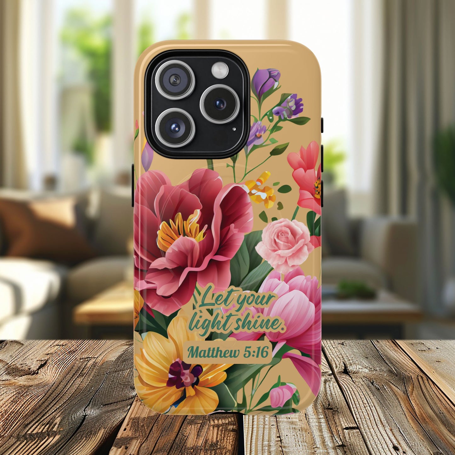 Let your Light Shine Matthew 5:16, Inspirational Gift, Tough iPhone Magnetic Case Scripture, Floral Bible Verse, MagSafe® iPhone® Tough Case, iPhone 14, iPhone 15, iPhone 16, Pro, Pro Max, Plus.