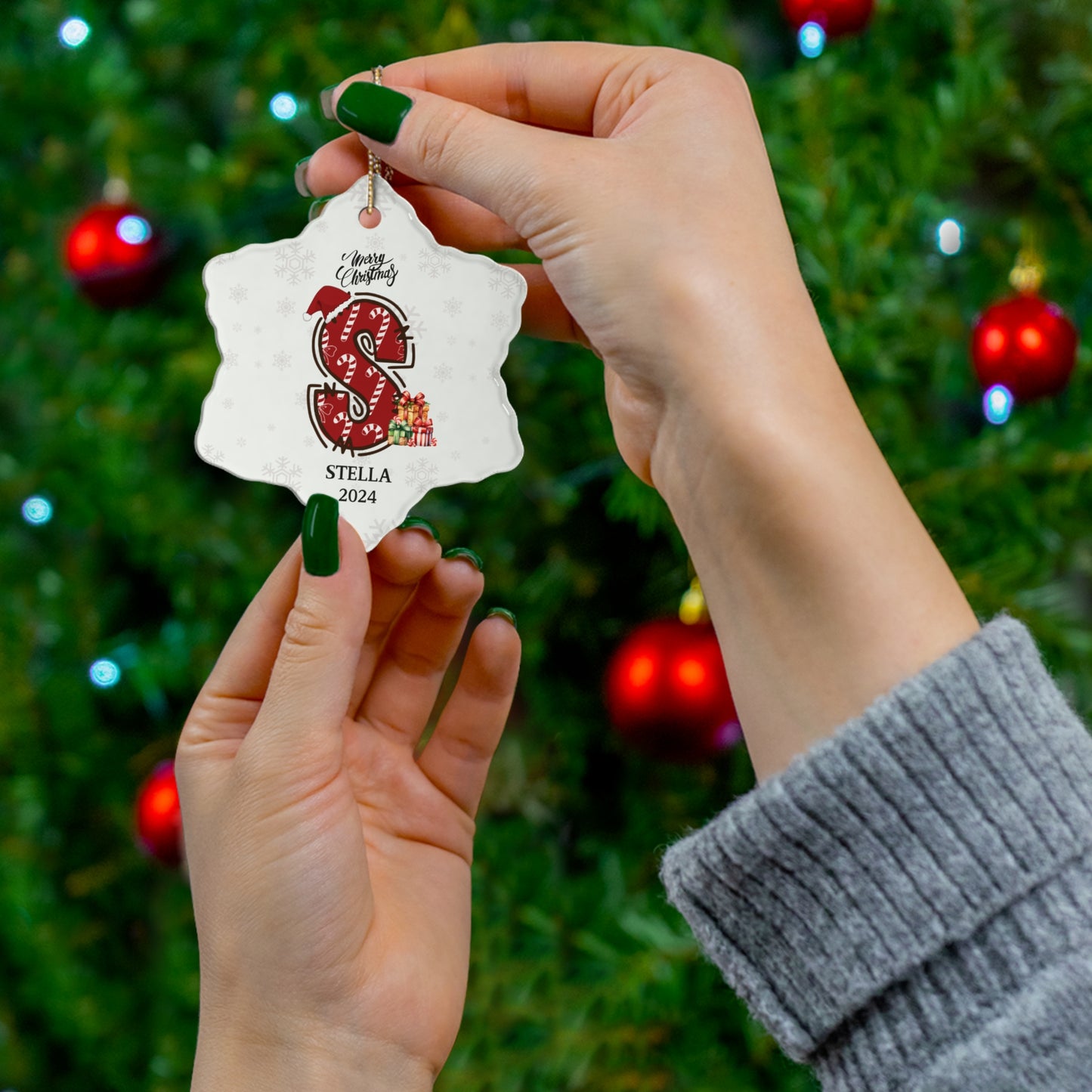 Personalized Candy Cane ''S'' Ceramic Ornament, 3 Shapes