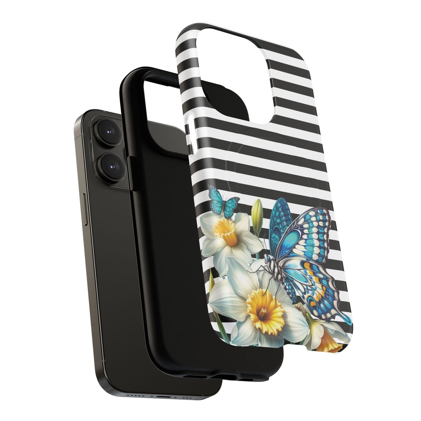Daffodil Flutter Tough iPhone Magnetic Case, Floral iPhone Accessories, Stylish iPhone Cover, Black Striped Design, Gift for Her, Trendy iPhone