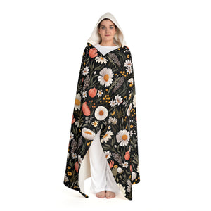 Blossom Elegance: Noir Garden Snuggle Hooded Sherpa Fleece Blanket