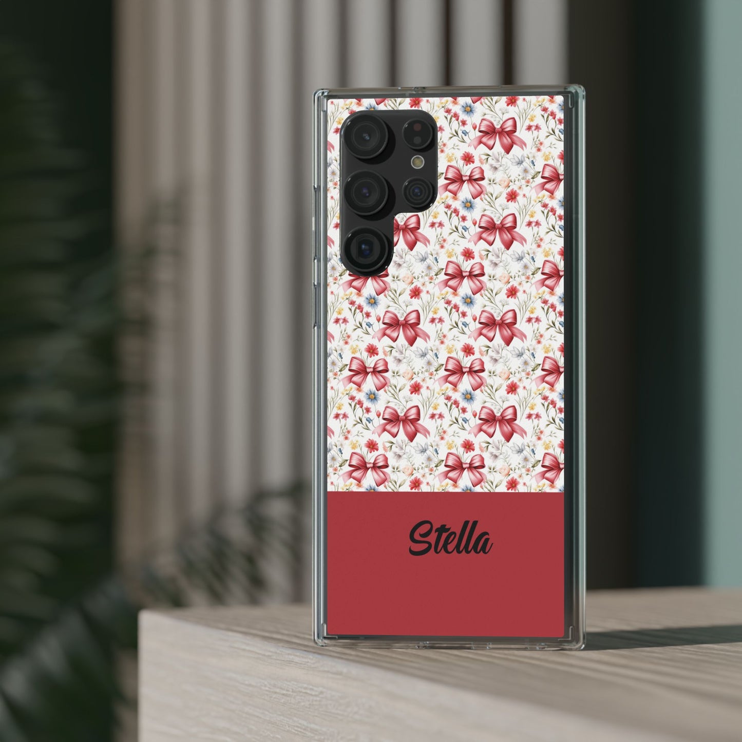 Personalized Rosette Coquette Floral Bow Clear iPhone, Samsung Cases — Custom Name Phone Cover