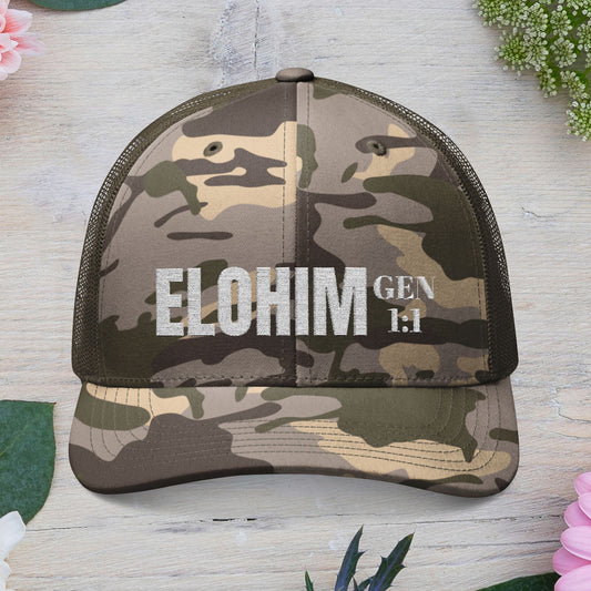 Camouflage Embroidered Trucker Hat with 'ELOHIM, GENESIS 1:1', Casual Style Hat, Adjustable, Unisex, Perfect Gift for Outdoors, Festivals, Daily Wear.