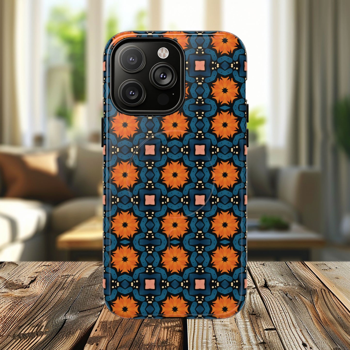 Saffron Tile Bloom Vibrant Floral Tough Magnetic iPhone Case, Durable iPhone Cover, Gift for Her, Floral Design, Unique iPhone Protection.