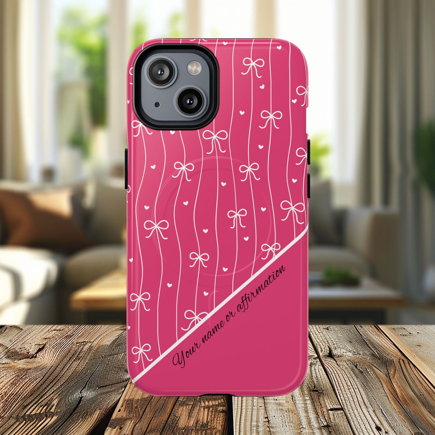 Pink Bow Coquette Magnetic Tough Magnetic MagSafe®  Case — (Add Name or Affirmation)-iPhone® 13, 14, iPhone 15, iPhone 16, iPhone 17, Pro, Pro Max, Plus Cases.