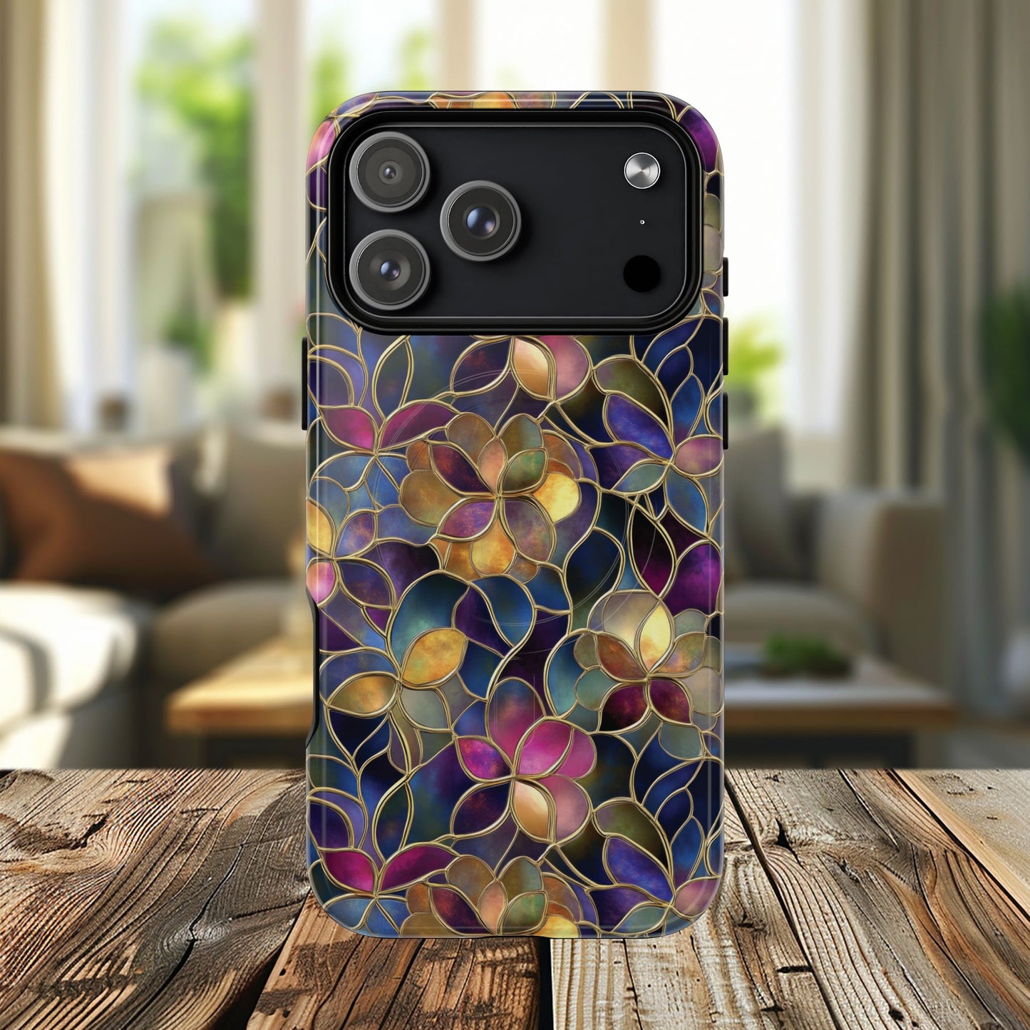 Chromatic Bloom Tough iPhone Magnetic Case, Tough iPhone Cover, Floral iPhone Accessory, Birthday Gift, Elegant Tech Decor, MagSafe Stained Glass Pattern.