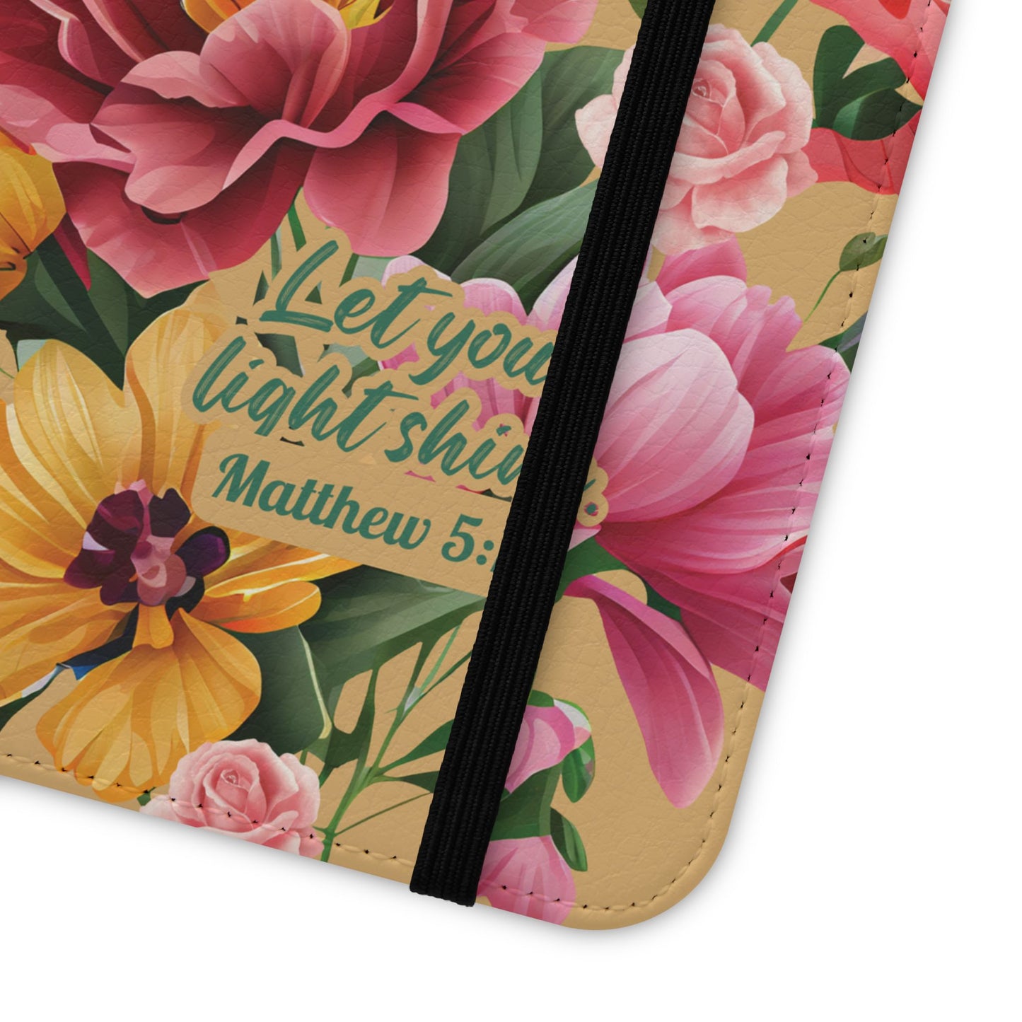 Floral Scripture Flip Case — "Let Your Light Shine" Wallet Phone Cover (Matthew 5:16)